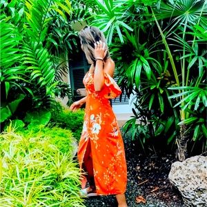Orange floral off shoulder resort dress XS
